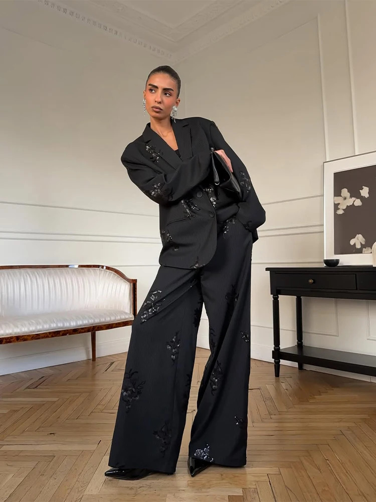 Black Sequin Embroidery Blazer 2 Piece Set Women Chic Full Sleeve Lapel V-neck Loose Wide Leg Pants Suit Lady Spring Autumn Wear 260922 - view 6