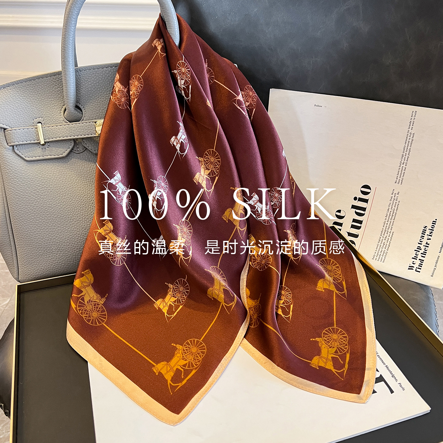 100% mulberry silk square women's ethnic style, featuring horse-drawn carriage print, 70% silk, high-quality scarf, shawl, perfect as a gift - view 3