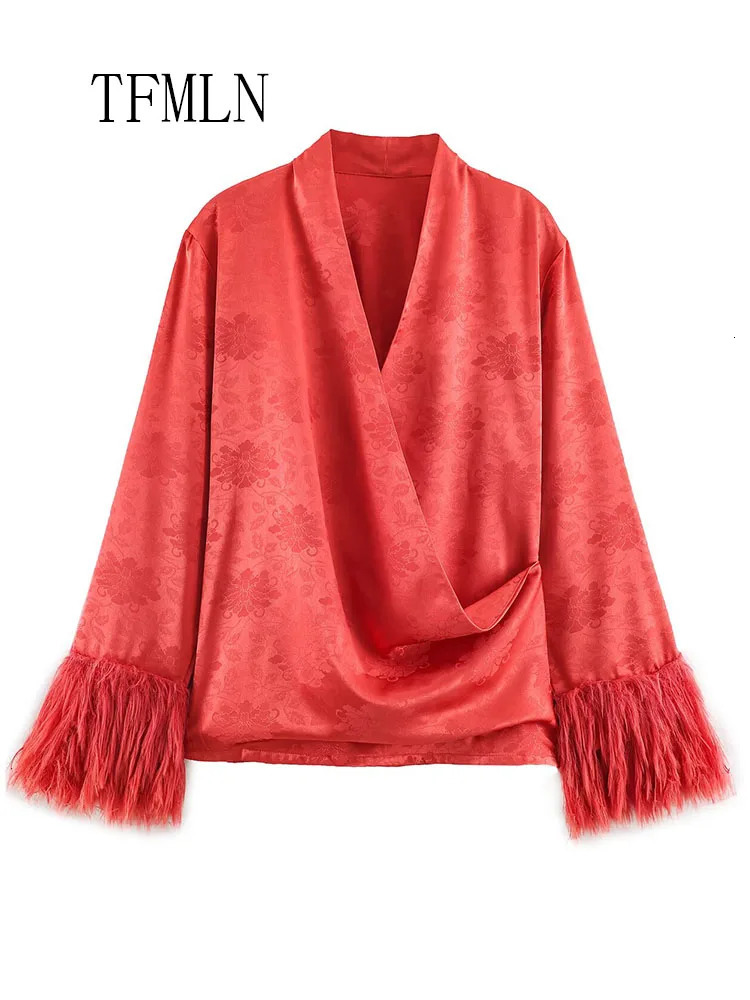 2026 Autumn Sweet Feather Full Sleeve Blouses For Women Fashion Causal Vneck High Street Tops Vintage Loose Solid Shirts 260924 - view 3