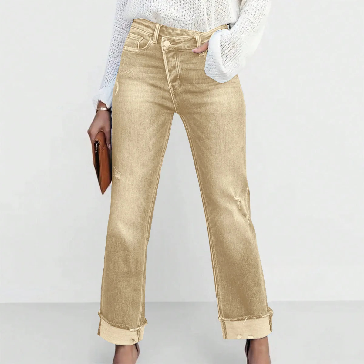 High Waist Stretch Denim Jeans for Women Solid Color Slim Straight Pants Pantalones de mujer 260922 - view 7