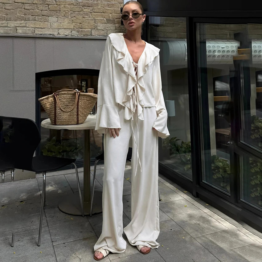 Linad Casual Loose Apricot Outfits Fashion Ruffles Flare Sleeve Blouse With High Waist Pant 2 Piece Sets Summer Long Pants Suits 260922