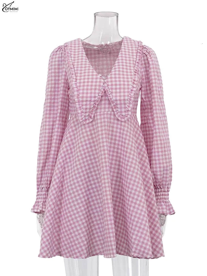 Oymimi Elegant Pink Print Womens Dresses Fashion Peter Pan Collar Long Sleeve Dresses Casual Loose Mini Dress Female Streetwear 260922 - view 6