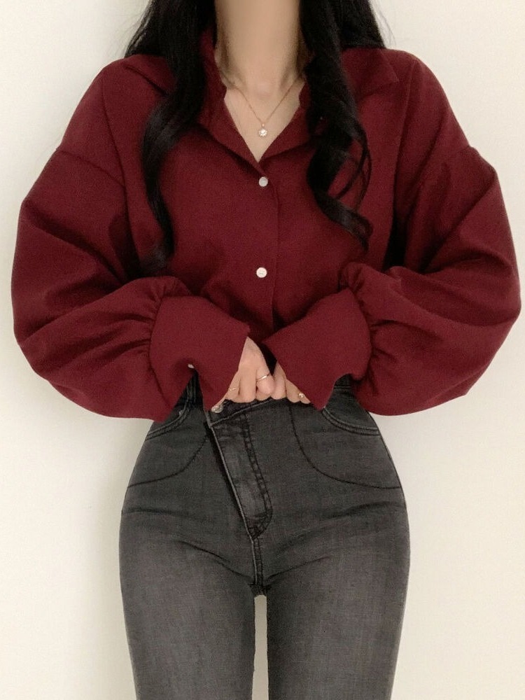 Elegant Red Women's Shirt Vintage Design Spring Fashion Inner Wear Chic Top Korean Style Sweet Loose Fit Long Sleeve Button up