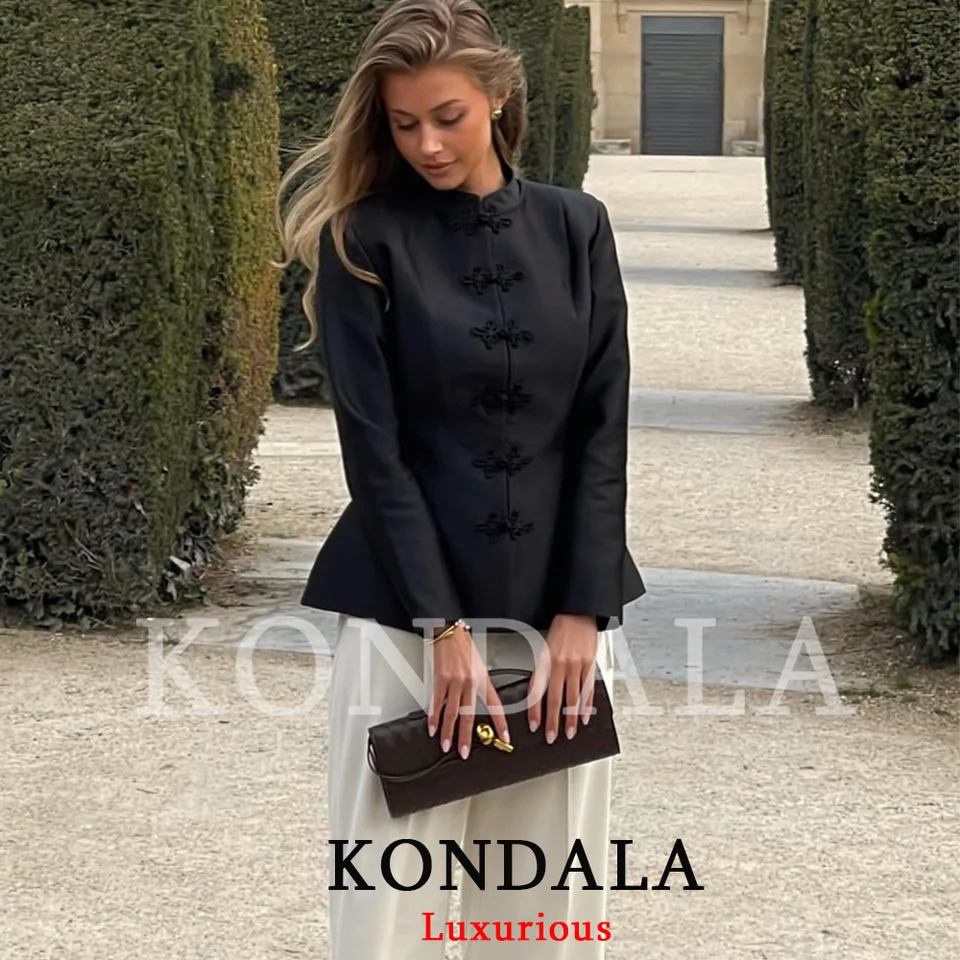 KONDALA Vintage Chic Women Blazer Black Solid Stand Collar Button Long Sleeve Straight Blazer Fashion 2026 Spring Summer Outwear 260924 - view 3
