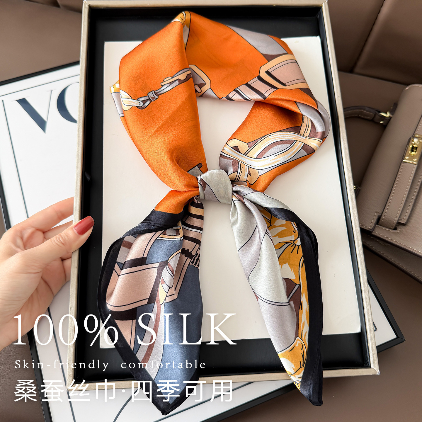 100% mulberry silk, 70% pure silk square Korean-style fashionable elegant neck scarf, suitable summer, work, and as a decorative accessory for shirts