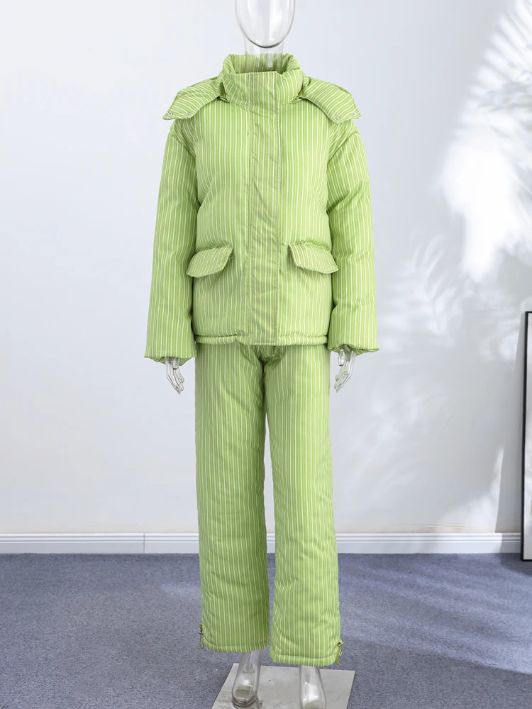 Urban Solid Women Stripe Padded Coat Pant Set Casual Full Sleeve Hooded Zipper Jacket Elastic Waist Pant 2026 Winter Lady Suits 260922 - view 7