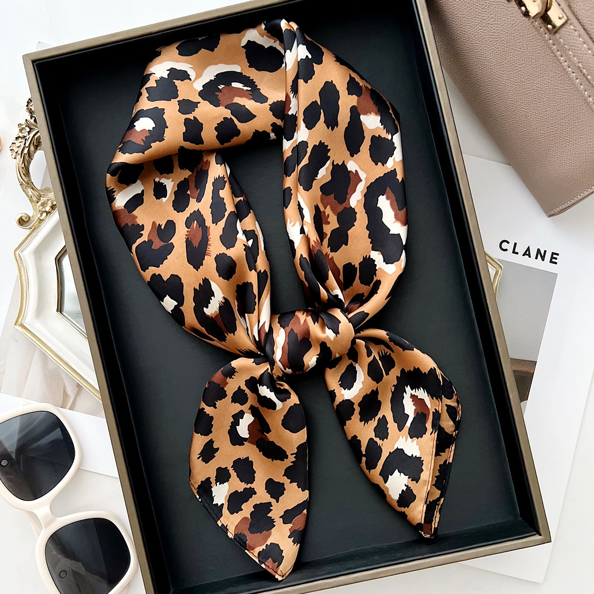 2026 new American retro leopard print silk scarf, thin square women, perfect spring autumn, versatile for decoration and as a warmer or small neck sca - view 3