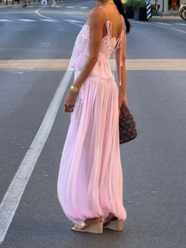 Women Pink Lace Mesh 2 Piece Outfit Straps Floral Cropped Cami High Waist Wide Leg Trousers Set Bohemian Seaside Holiday Suit 260922 - view 3