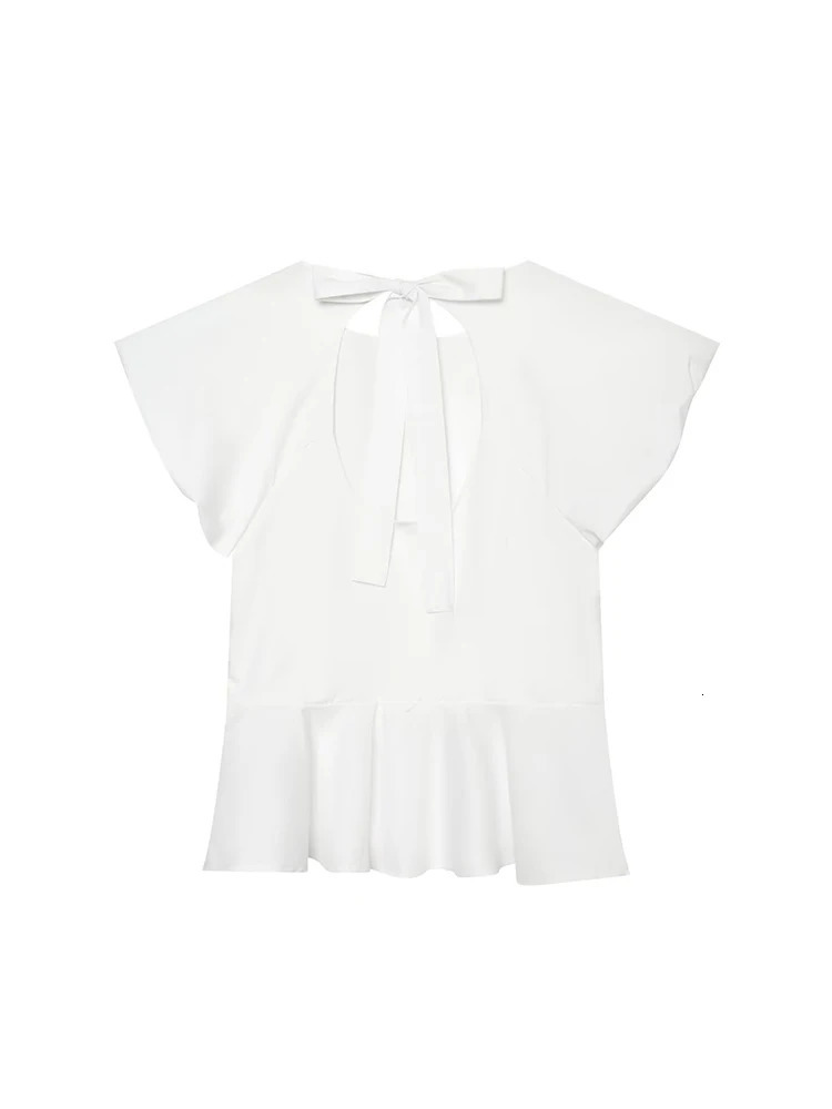 TFMLN Chic Women Blouse Round Neck Short Puff Sleeve Bow Decoration Folds Solid Shirts Fashion 2026 Summer Holiday Blouse 260924 - view 4
