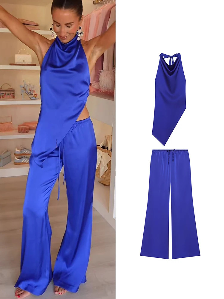 TFMLN 2026 Women Halter Tops Two Piece Set Sexy Backless Asymmetric Tank Top Lace Up Pants Fashion Casual Suit Female 260924