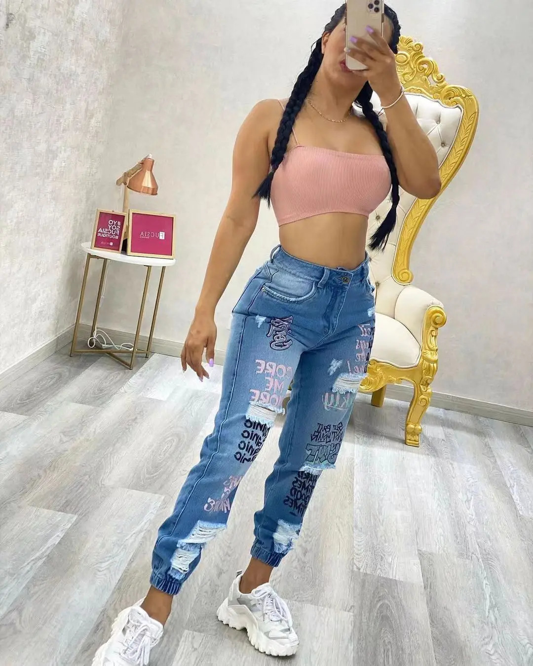 Women Denim Jeans Ankle Length Print Holes Pencil Pants Pockets Washing Slim Basics Zipper Fly Spring Flat Slight Strech 260922 - view 3