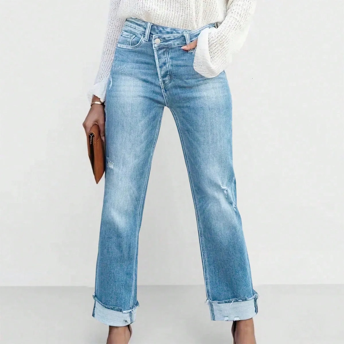 High Waist Stretch Denim Jeans for Women Solid Color Slim Straight Pants Pantalones de mujer 260922 - view 4
