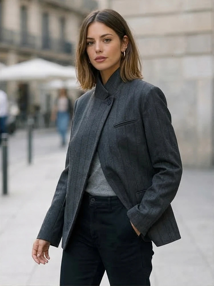 Willshela Women Fashion Solid Single Button Blazer Vintage Long Sleeves Half High Neck Female Office Lady Outfits 260924 - view 6