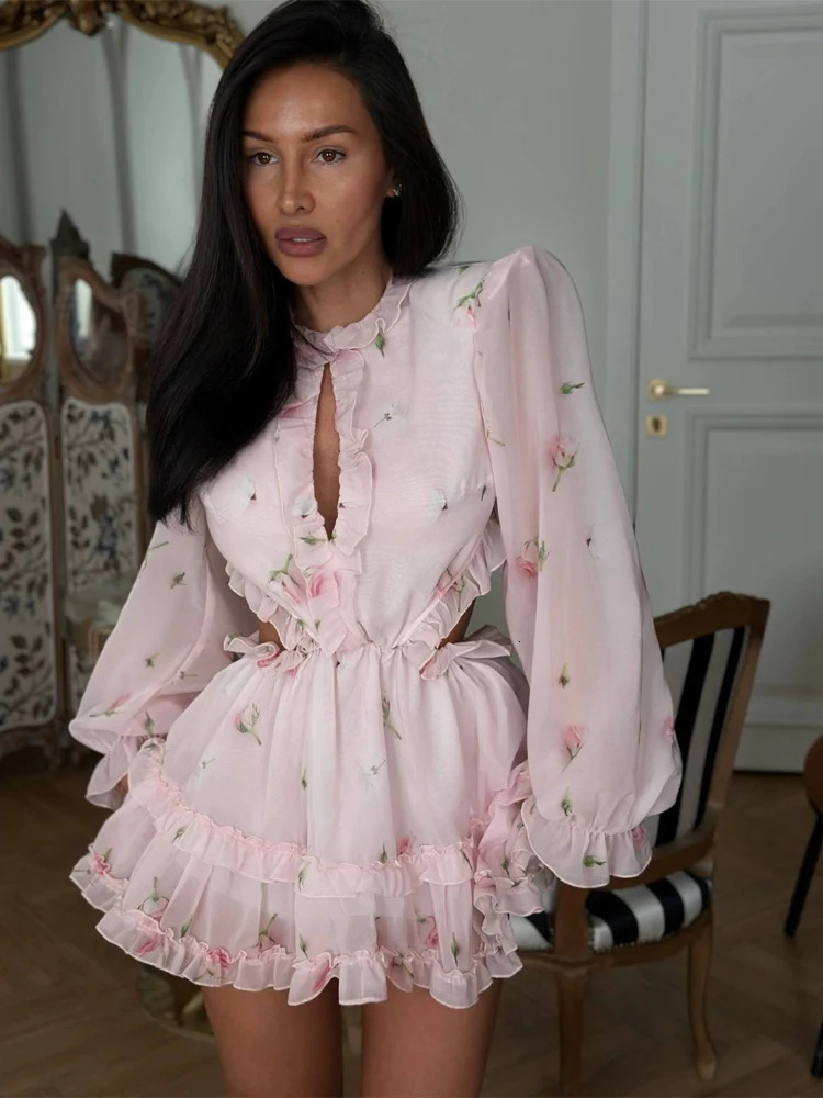Floral Printed Backless Mini Dress Women Elegant O Neck Long Sleeved Ruffles Aline Dresses Summer Chic Female Holiday Vestido 260922