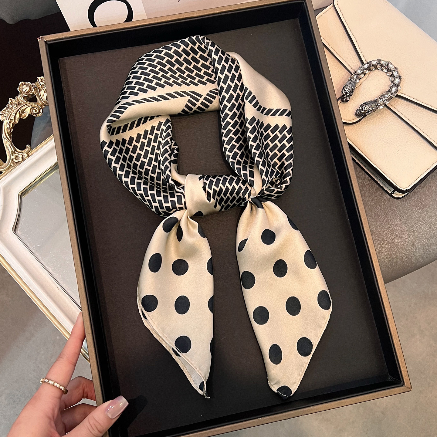 New small square silk women's polka dot summer sun-protective neck scarf, perfect for pairing with shirts, hairbands, or as a thin scarf