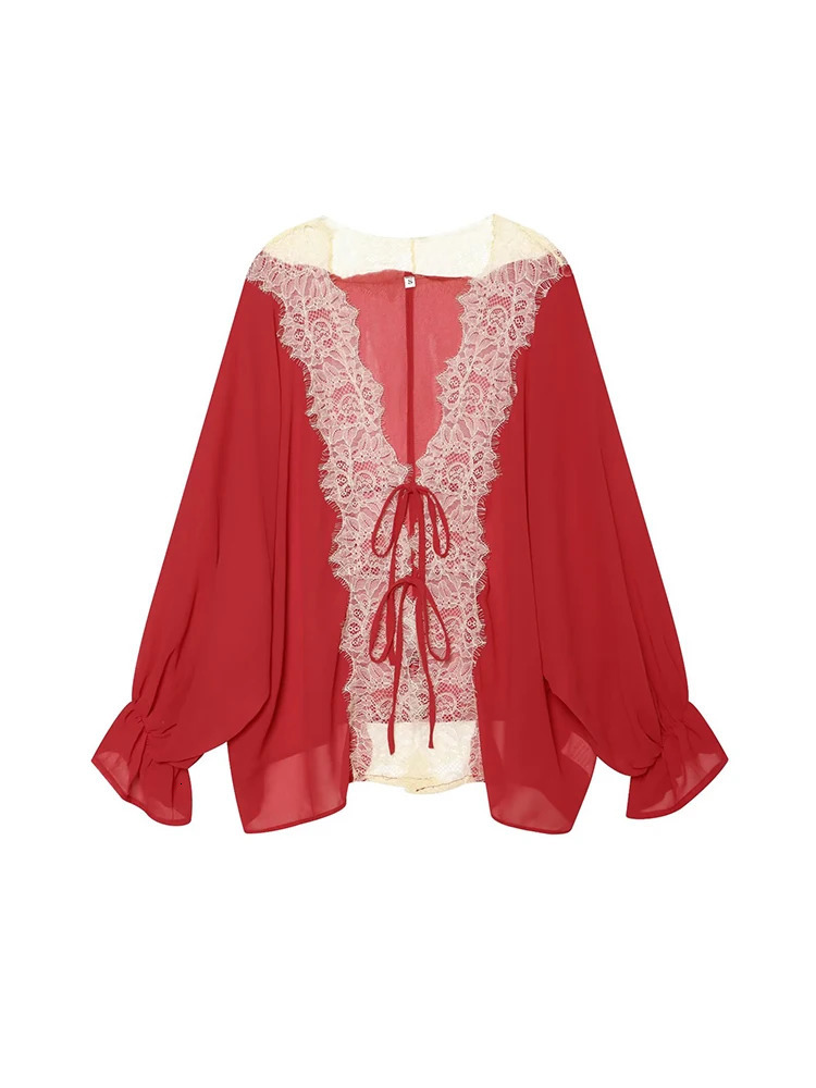 TFMLN Womens Lace Sheer Blouses Elegant Sexy Lace Up Hollow Long Sleeve V Neck Loose Fit Female Leisure Shirts Summer 260924 - view 3