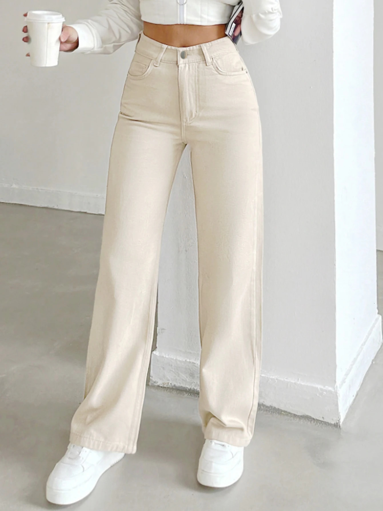 Women's autumn jeans made of cotton denim in a beige apricot color straight-leg slim fit high-waisted elastic waistband 260922