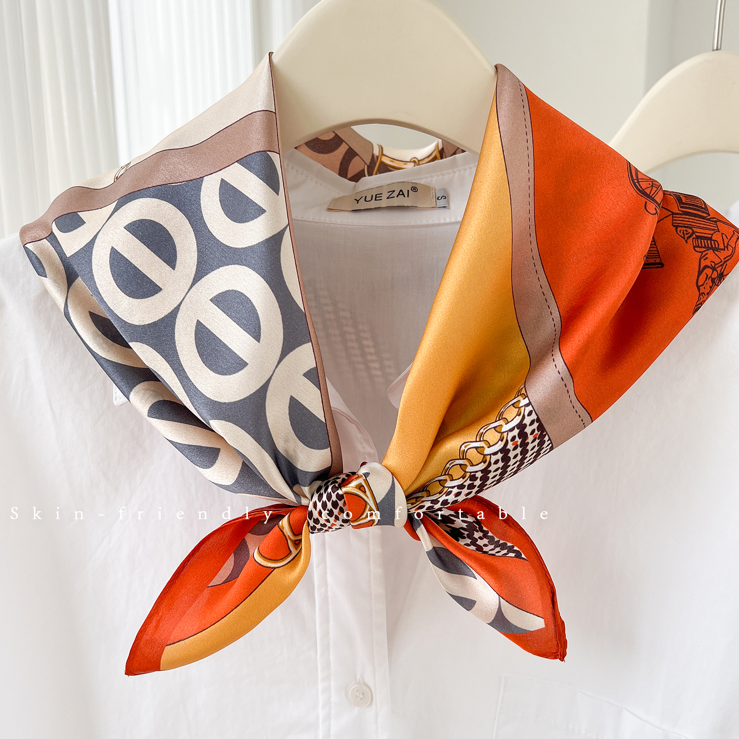 100% mulberry silk, orange geometric chain print, 70% silk scarf, women's spring/summer versatile shirt accessory, decorative neck scarf - view 3