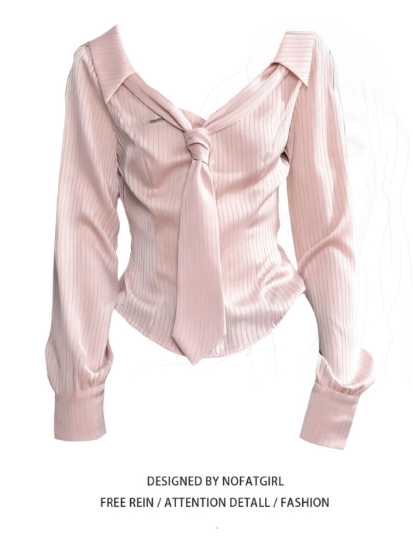 plus Size Women's Striped Shirt V-Neck Bow Tie Academy Slimming Top French Style Waist-Cinching Long Sleeve Autumn Wear - view 4