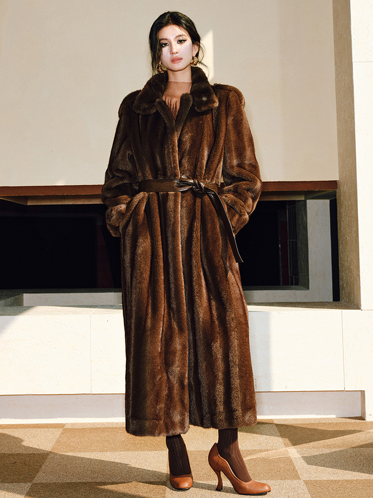 Lautaro Spring Winter Long Soft Thick Warm Brown Faux Mink Fur Coat Women Luxury High Quality Elegant Chic Fluffy Overcoat 2025 - view 7