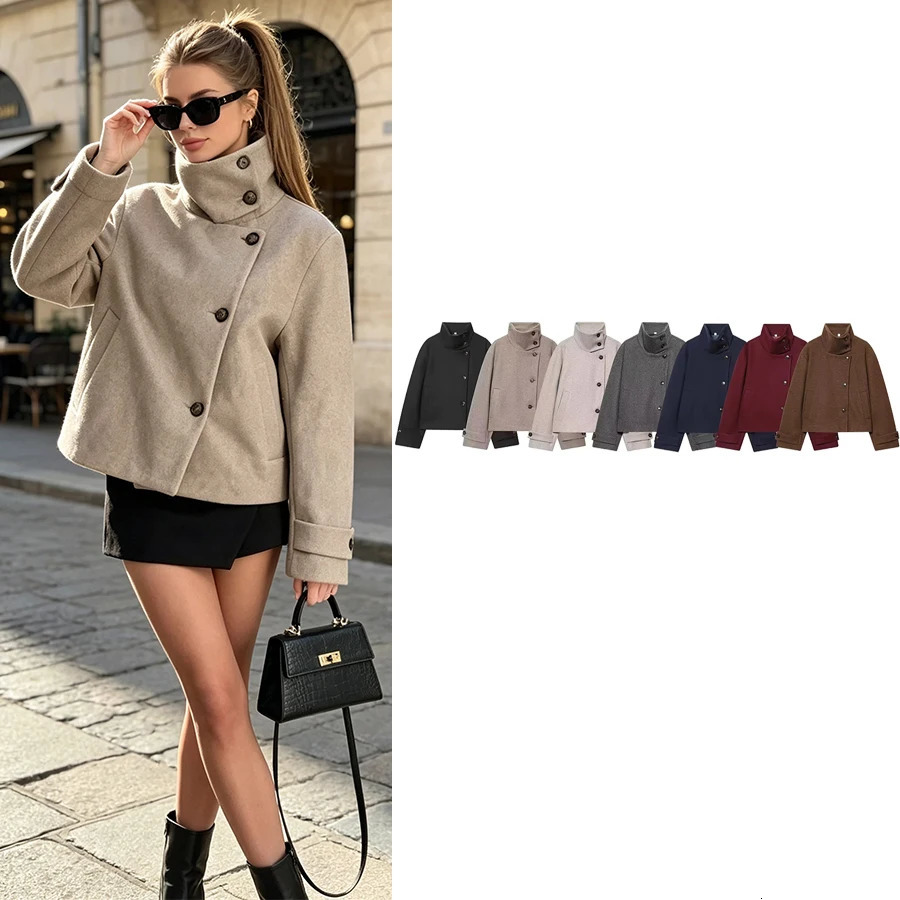 Women Vintage Stand Collar Breasted Long Sleeve Casual Woolen Coat Ladies Retro Long Sleeve Pockets Jacket Tops 260922