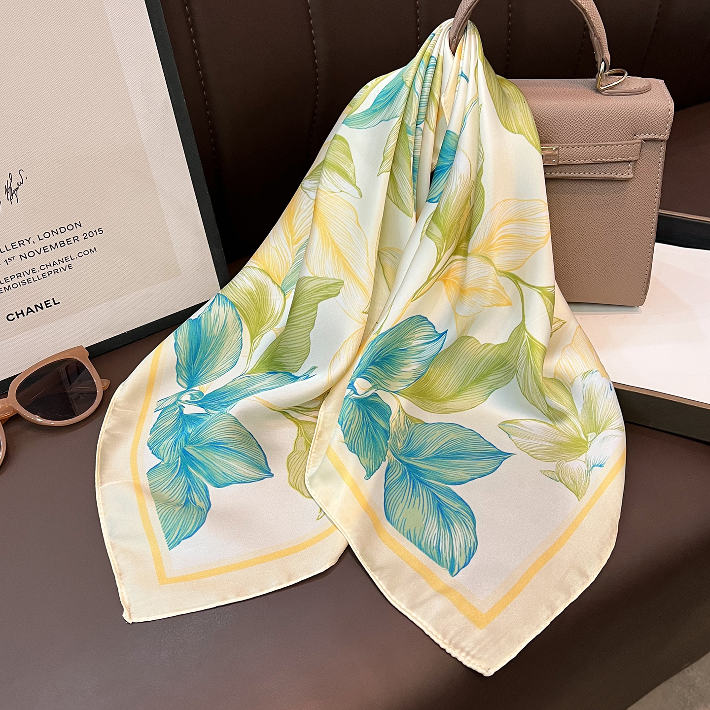 Chinese-style floral print faux silk small square scarf, versatile summer accessory for women, a lightweight and elegant neck scarf - view 3