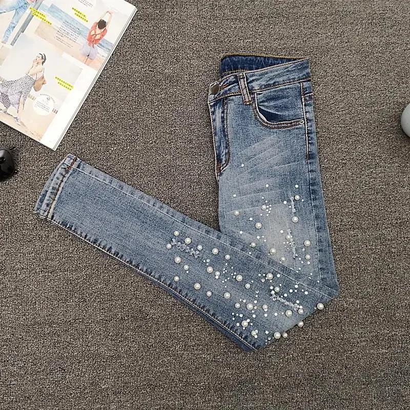 VWBQNZ Nailed Bead Jeans Women Spring/Summer Versatile Hole Breaking Elastic Skinny Pencil Pants Female Casual Denim Pants 260922 - view 5
