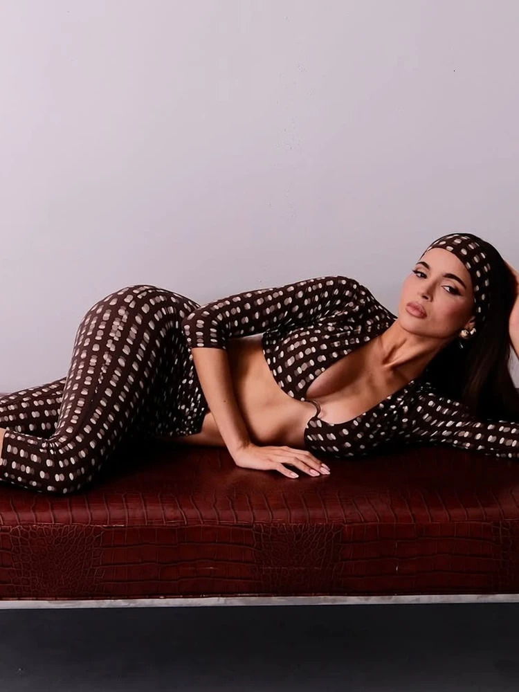 Weird Puss Sexy Fashion 3 Piece Set Woman Polka Dot Print HeadscarfLowNeck Full Sleeve TopsMetal Buckle Crop Pants Streetwear 260924 - view 4