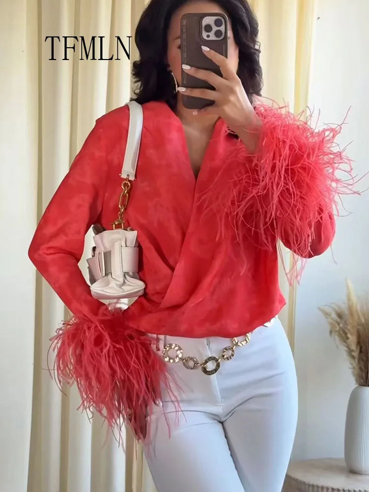 2026 Autumn Sweet Feather Full Sleeve Blouses For Women Fashion Causal Vneck High Street Tops Vintage Loose Solid Shirts 260924