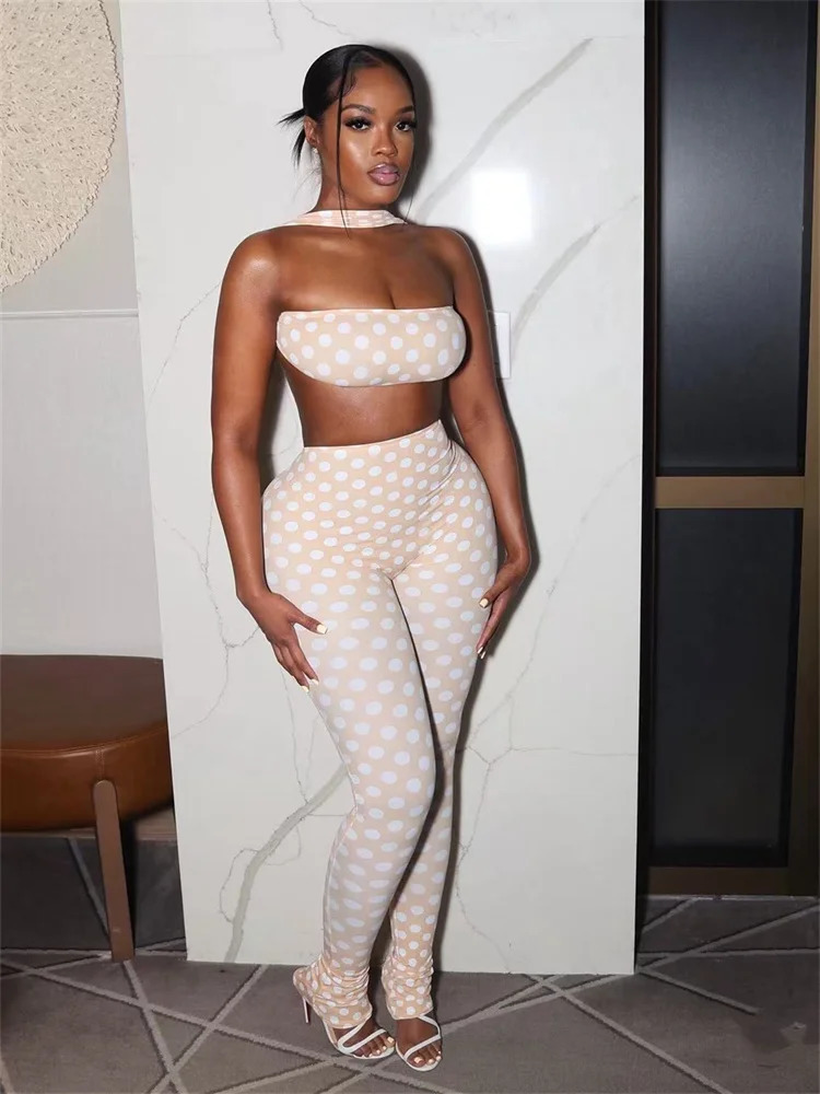 Weird Puss tie Polka Dot 2-Piece Set Women Halter Chest Wrapped Backless TopRuched Peach Hip Pants Stretch Skinny Clubwear 260922