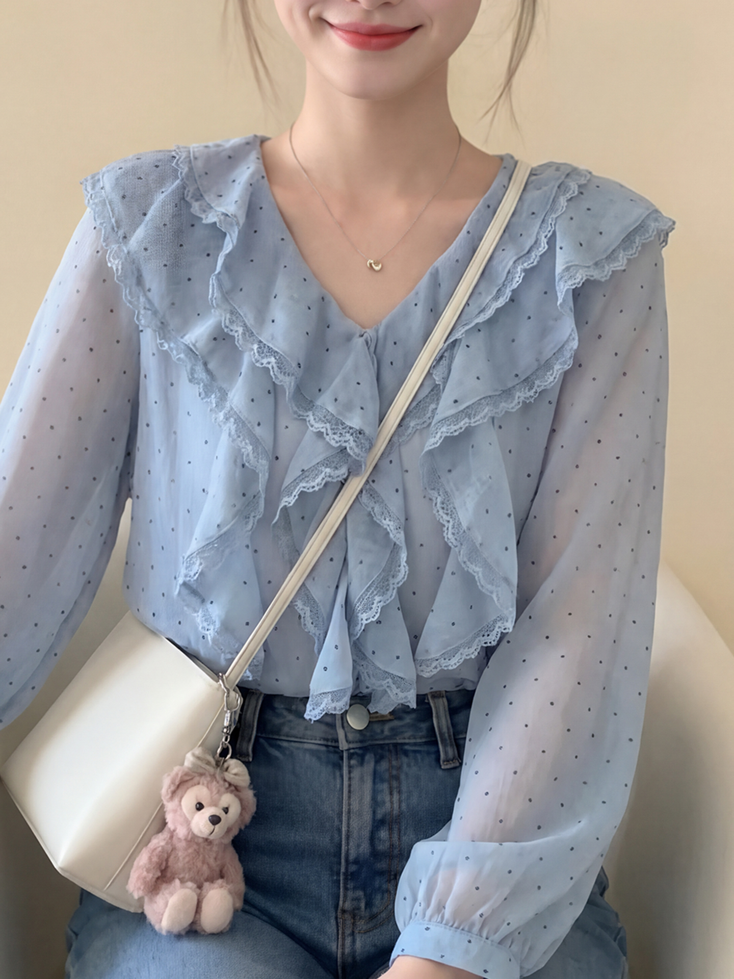 Blue Polka Dot V-Neck Shirt Women's 2026 Autumn New High-End Feeling Anti-Aging Top French Style Loose Fit Long Sleeve Polyes... - view 6