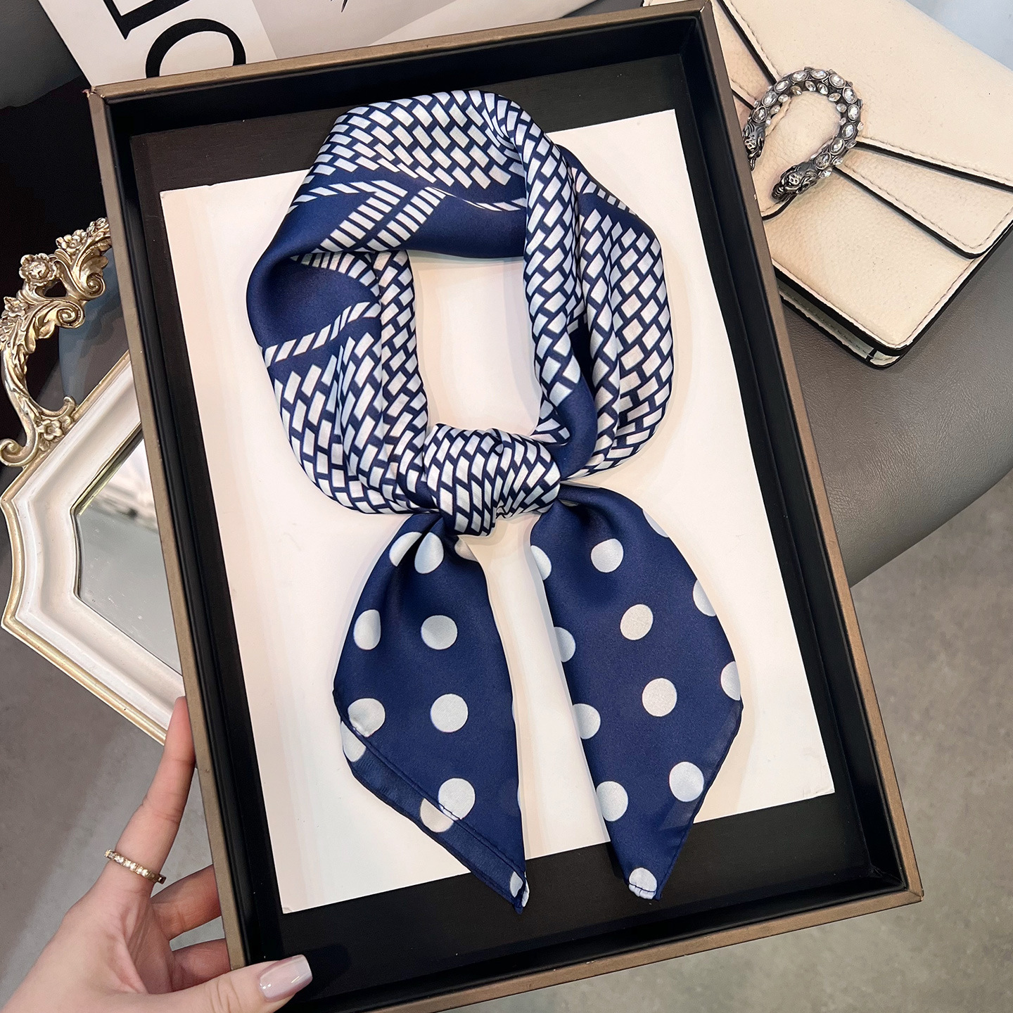 New small square silk women's polka dot summer sun-protective neck scarf, perfect for pairing with shirts, hairbands, or as a thin scarf - view 5
