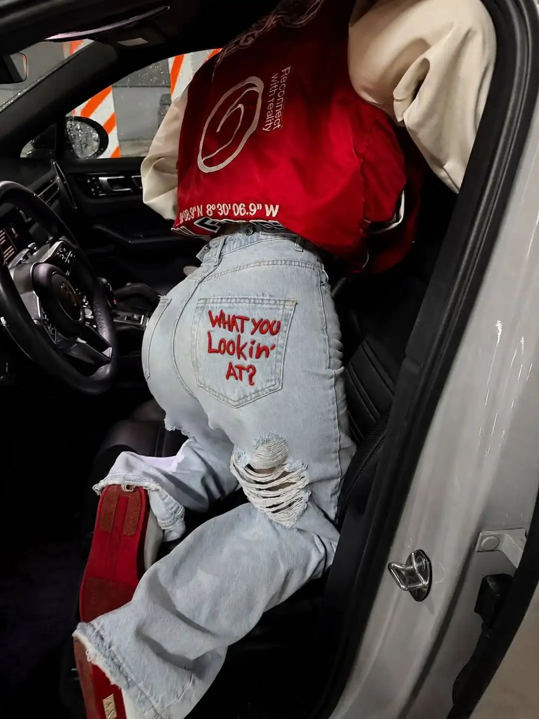 Women Y2K High Waist Ripped Jeans "What You Lookin At" Print Light Blue Straight Leg Streetwear Denim Pants 260922 - view 3