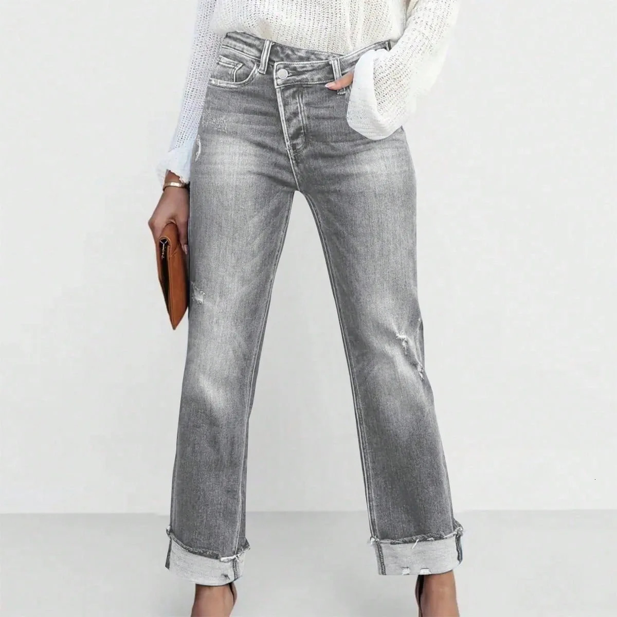 High Waist Stretch Denim Jeans for Women Solid Color Slim Straight Pants Pantalones de mujer 260922 - view 5