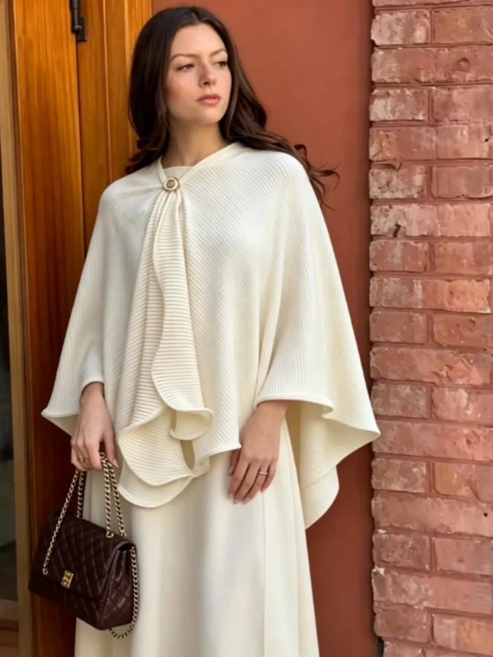Women White Pleated Cape Set Loose Long Sleeved Ruffles Blouse Aline Maxi Flowy Skirt 2026 Chic Formal Evening Party Outfit 260922 - view 4