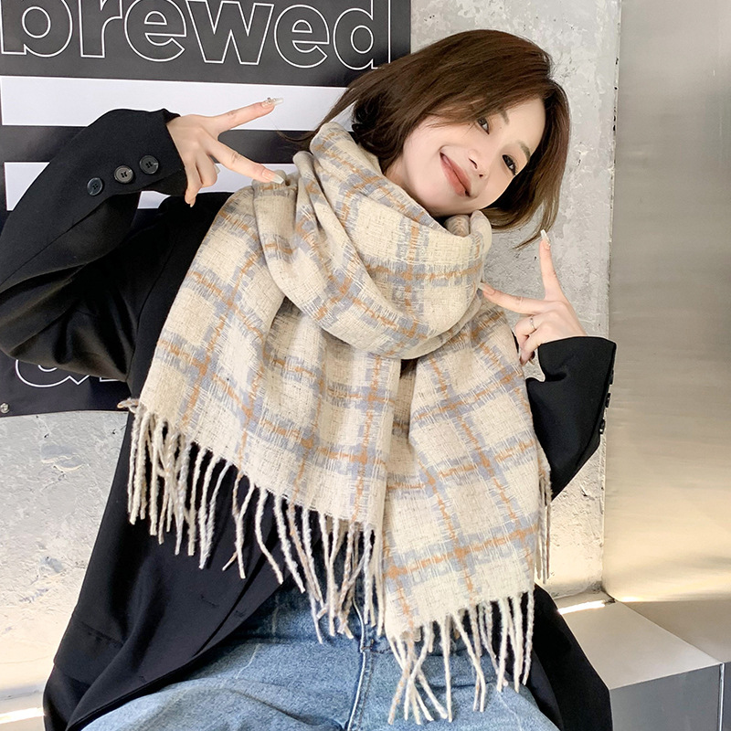 New Japanese Style for Women Winter Versatile Korean Version Imitation Cashmere Plaid Thickened Warm Shawl Neck Scarf Cross-Border - view 3