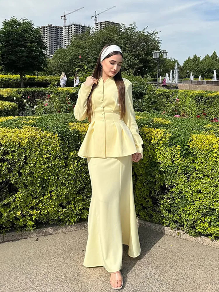 Chic Single Breasted Women s Skirt Suit Vneck Waist Cinching Full Sleeve Top High Waist Skirts Female Outfit Summer Lady Sets 260922 - view 3