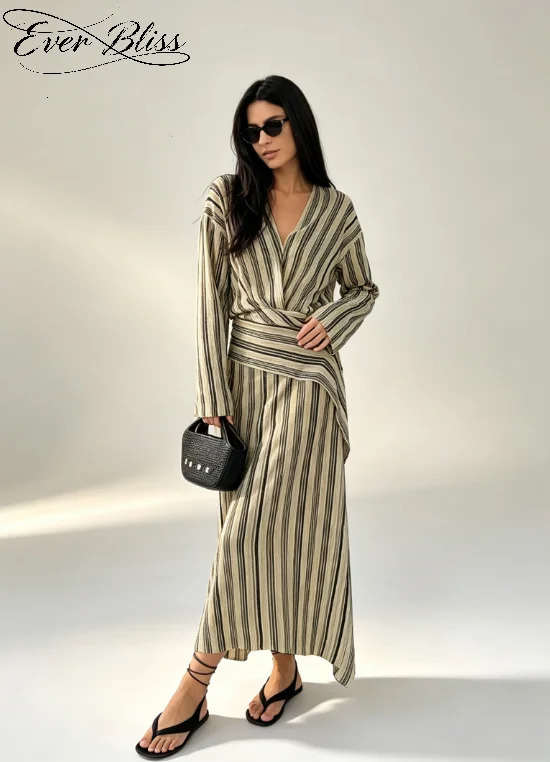 Linen-feel Vertical Stripe Long Sleeve Wrap Maxi Dress V Neck Asymmetrical Hem Vacation Dress Suitable For Daily Commute Wear 260922