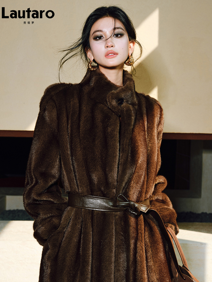 Lautaro Spring Winter Long Soft Thick Warm Brown Faux Mink Fur Coat Women Luxury High Quality Elegant Chic Fluffy Overcoat 2025 - view 3