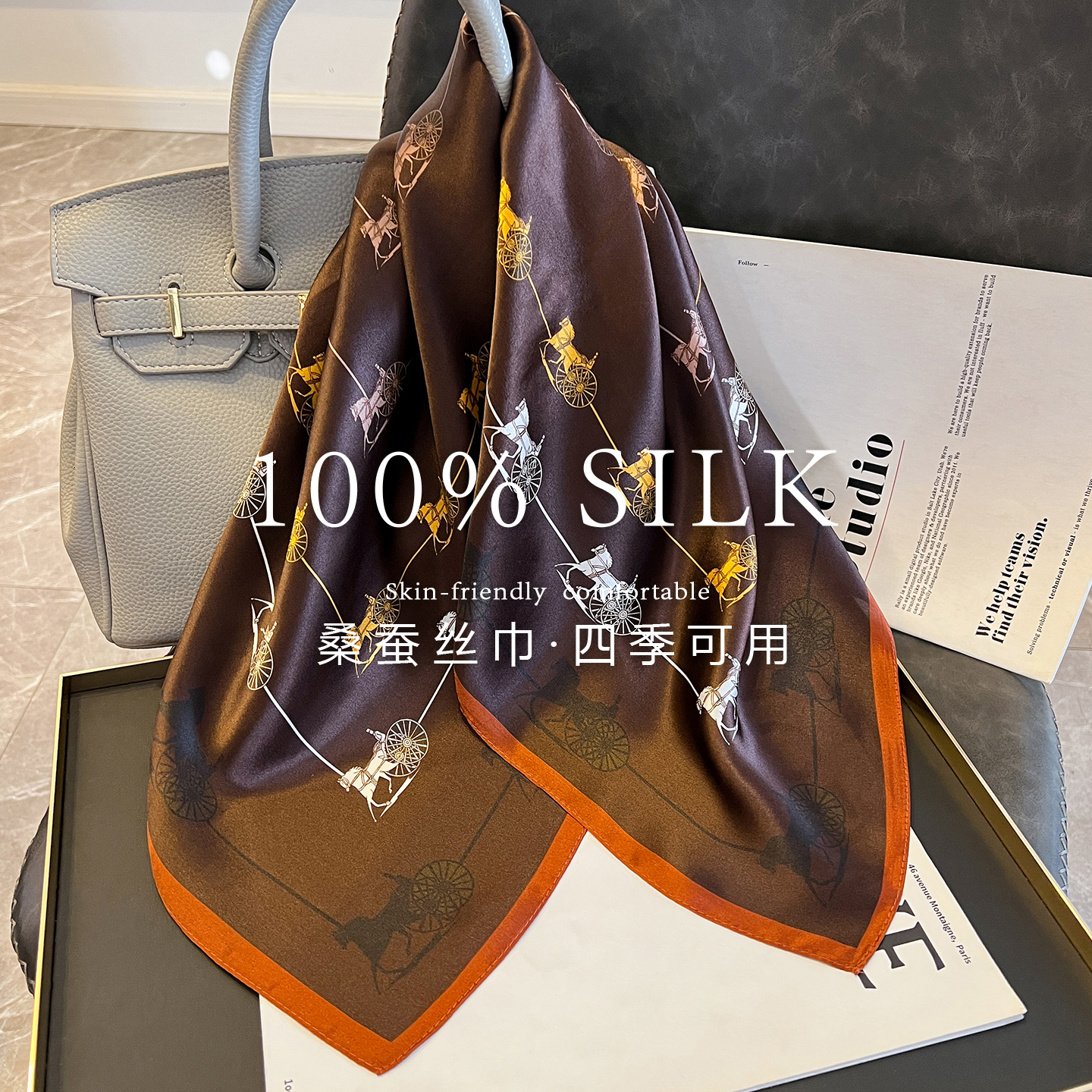 100% mulberry silk square women's ethnic style, featuring horse-drawn carriage print, 70% silk, high-quality scarf, shawl, perfect as a gift - view 5