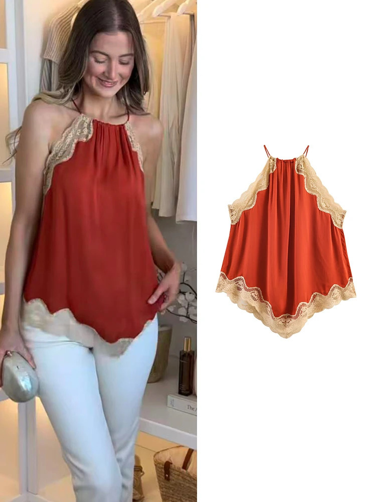 Summer Women Halter Top Fashionable Elegant Patchwork Lace Splicing Irregular Loose Fit Sleeveless Tank Top Chic Lady 260924