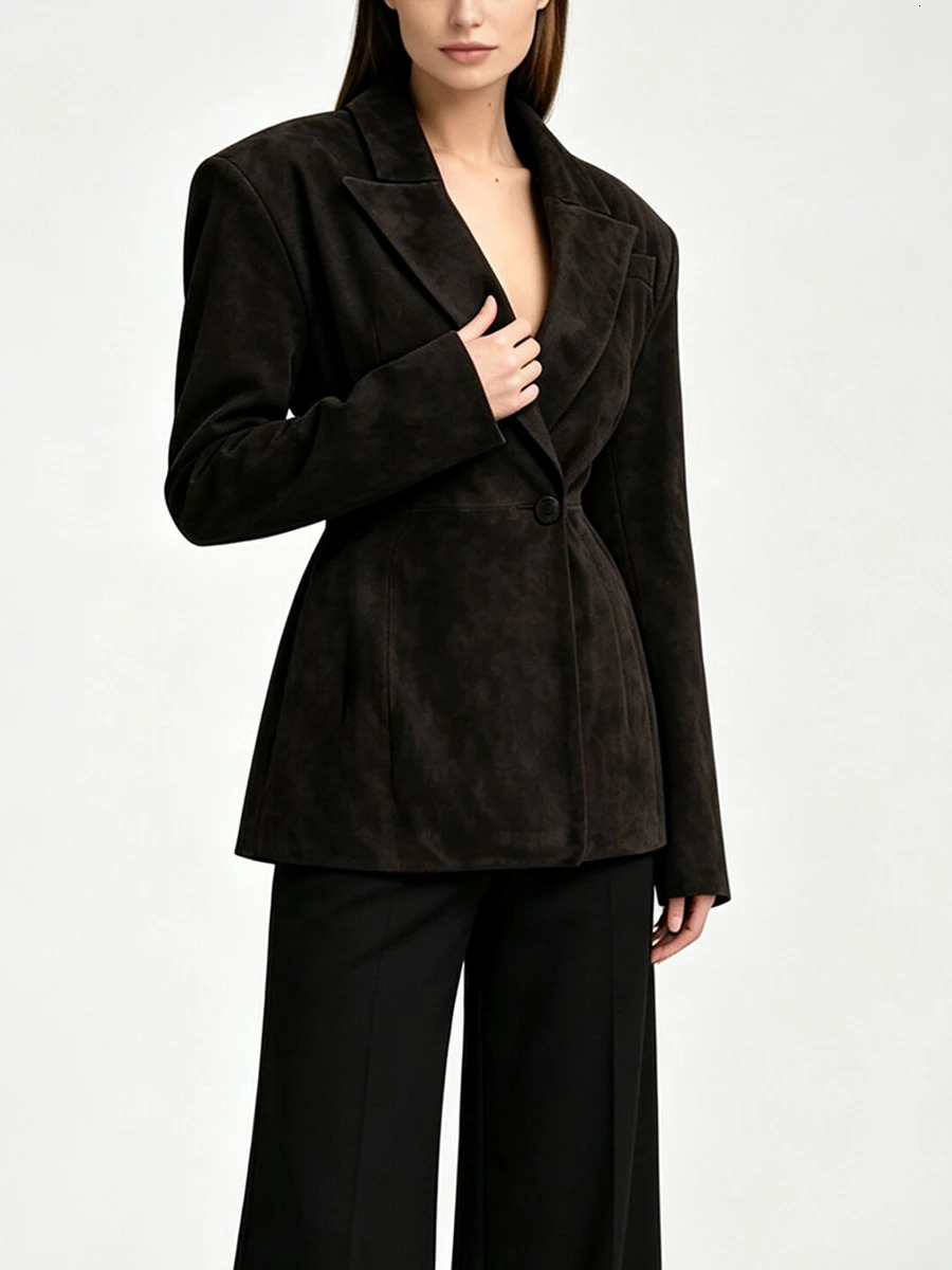 LIMO Women Dark Brown Suede Lapel Blazer Single Button Waist Tailored Slim Fit Pocket Long Sleeve Retro Elegant Casual Jacket 260924 - view 6