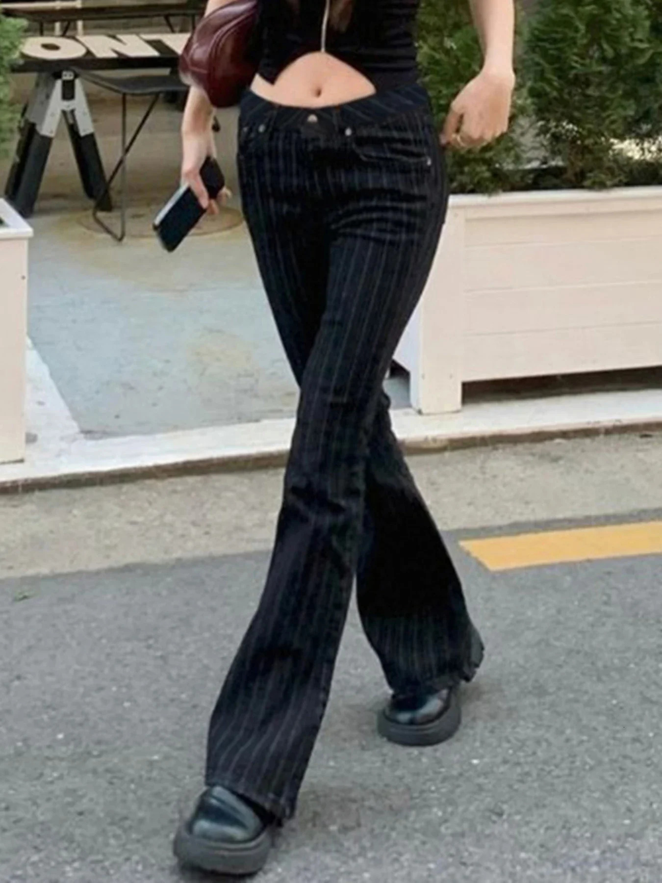 FDEY Stripe Slim Vintage Chic Jeans Zipper Pockets Fashion Low Waisted Button 90s Pants Streetwear All-match For Women 260922 - view 7
