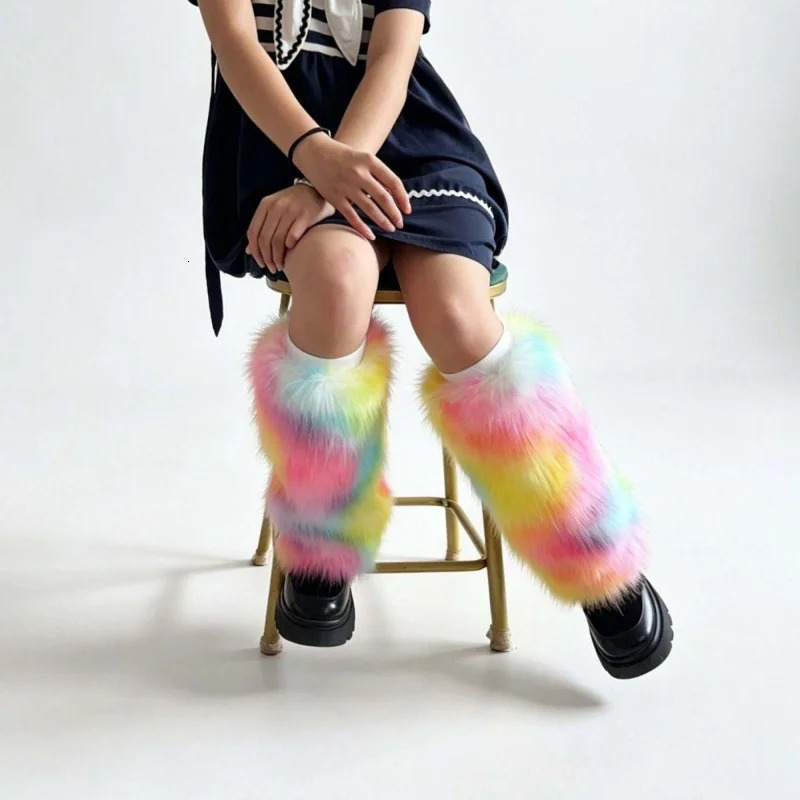 Women Rainbow Fluffy Faux Fur Leg Warmers Y2K Colorful Plush Long Boot Cover Rave Festival Cosplay Leg Socks 260924