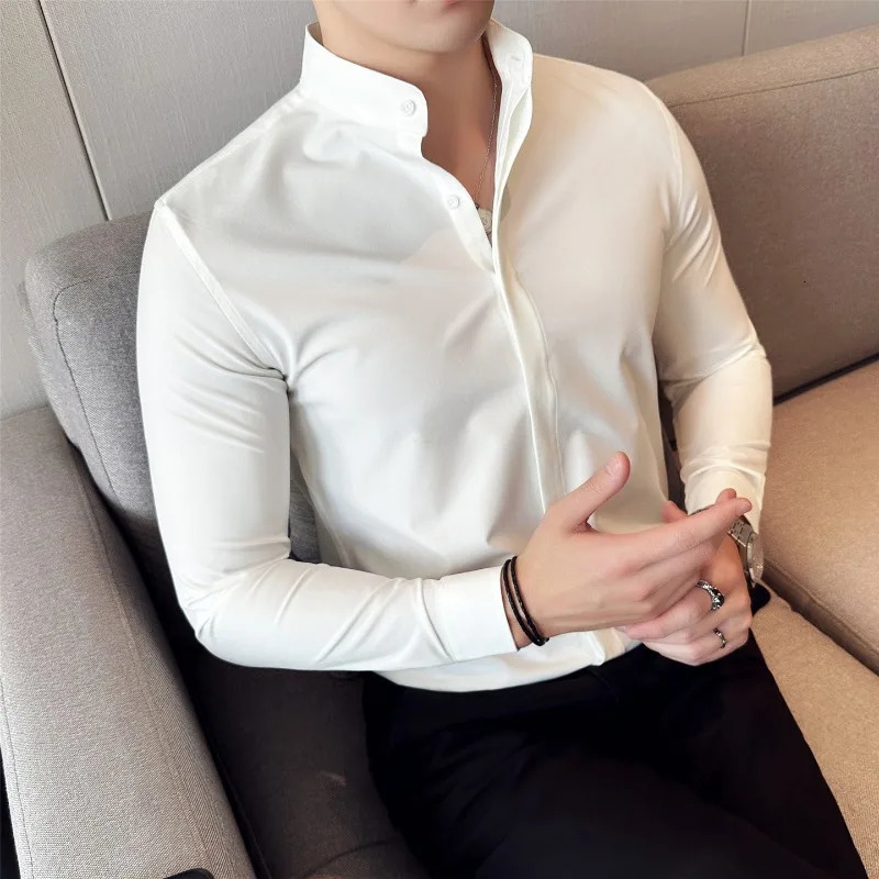 Men Dress Shirts British Style Stand Collar Formal Shirt Long Sleeve Business Casual Slim Fit Shirts Black White Men Clothing 260922