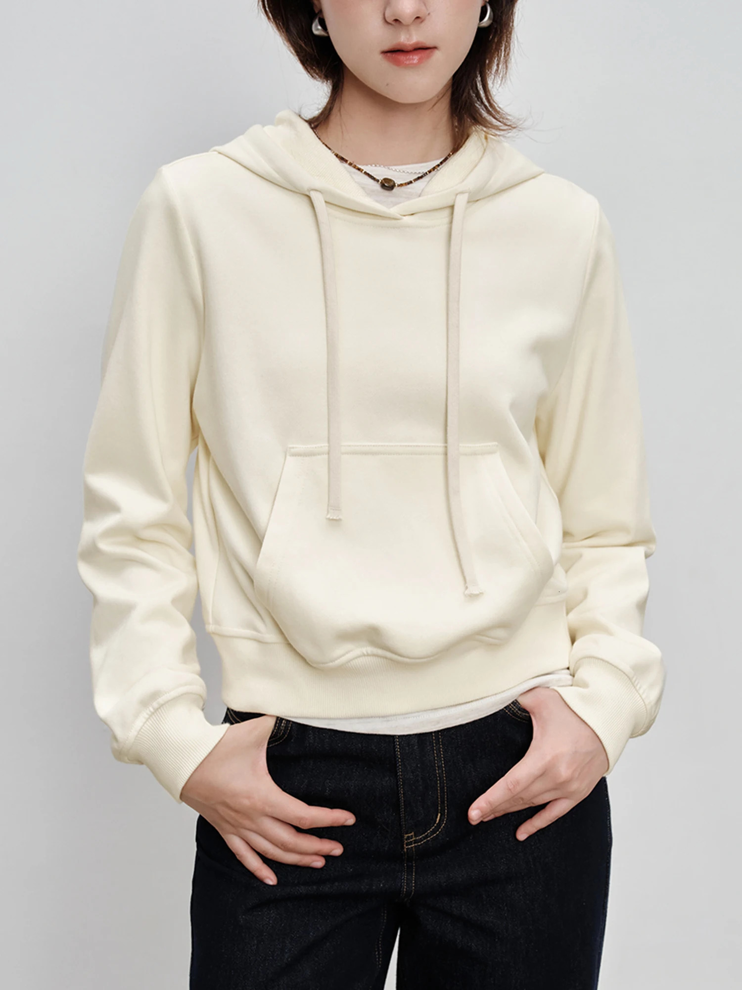 ZIQIAO Women Hoodies Grey Front Shoulder Short hooded Sweatshirts Drawstring n Autumn Beige Pullovers 24ZQ93262 260924 - view 3