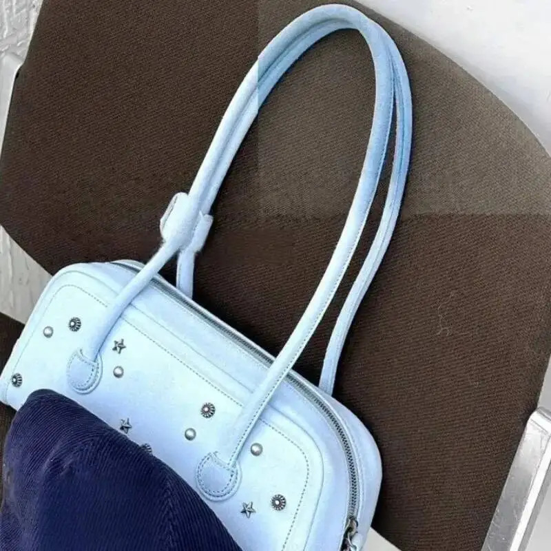 Shoulder Bag Women Star Metal Rivet Large Capacity PU Leather Stitching Zipper Handbag Solid Color Retro Street Trend Motorcycle 260924 - view 6