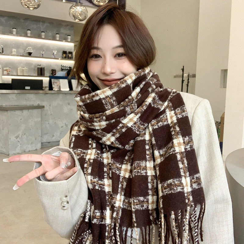 New Japanese Style for Women Winter Versatile Korean Version Imitation Cashmere Plaid Thickened Warm Shawl Neck Scarf Cross-Border