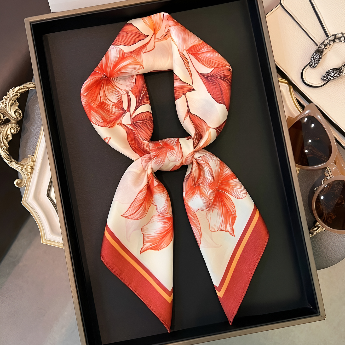 Chinese-style floral print faux silk small square scarf, versatile summer accessory for women, a lightweight and elegant neck scarf - view 4
