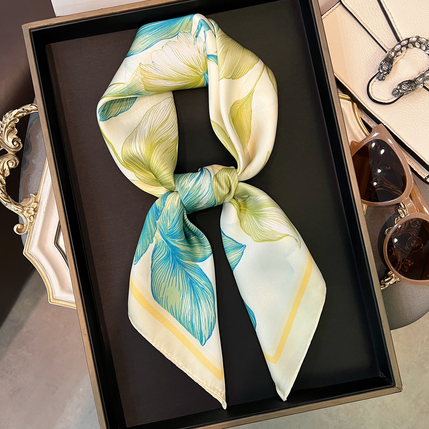 Chinese-style floral print faux silk small square scarf, versatile summer accessory for women, a lightweight and elegant neck scarf